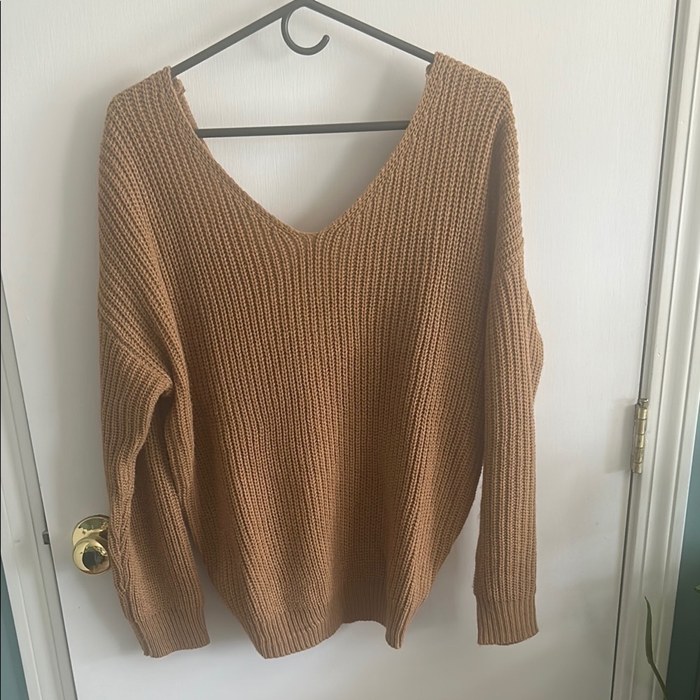 Love Tree V-Neck Twist Back Sweater – Dark Khaki, Size Large - Picture 2 of 4